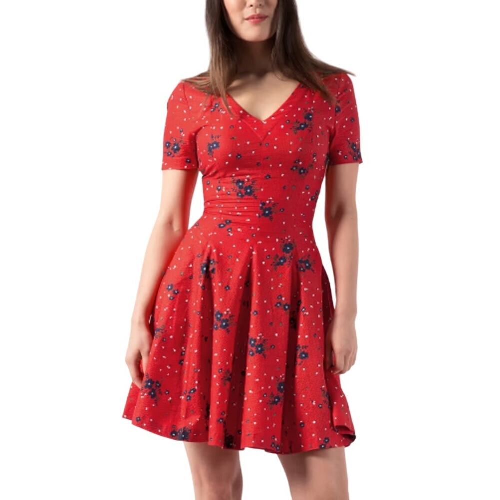 Band Of Outsiders Twee Red Mini Dress Blue Floral Print Cotton V Neck Full Skirt
